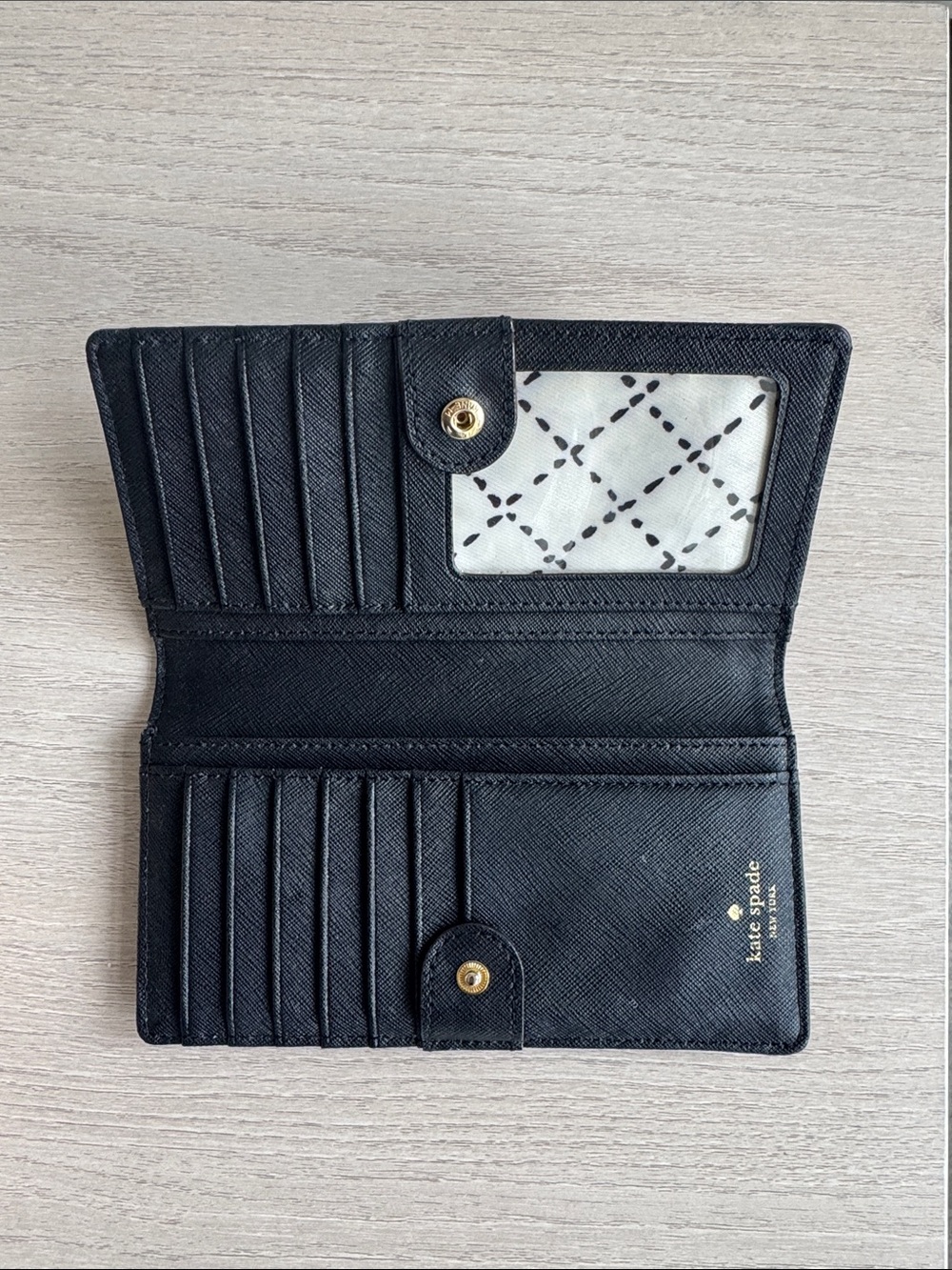 kate spade Black Saffiano Leather Continental Wallet with Gold Plaque